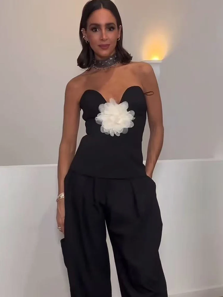  Women Strapless Tube Tops 3D Flower Decoration Summer New Fashion Solid Vest Female Casual Off Shoulder Streetwear Outfits