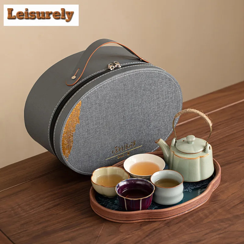 Five Famous Kilns Lifting Beam Pot Travel Tea Set Kit Aesthetic 1 Pot 4 Cups Tea Maker Organizer Portable Camping Handbag Cafes