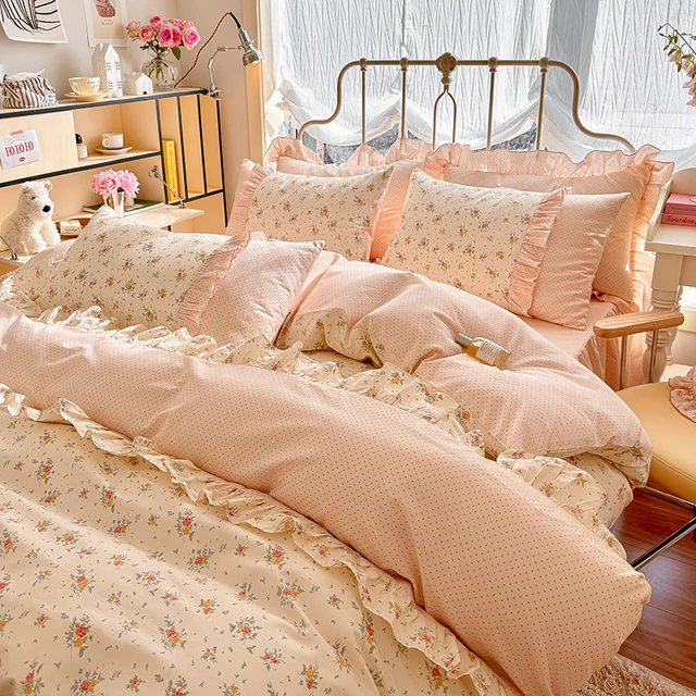 Ensemble de housse de couette 100% coton, 3 pièces (1 * housse de couette + 2 * taie d'oreiller, sans noyau), ensemble de literie en dentelle coréenne, doux et confortable 2