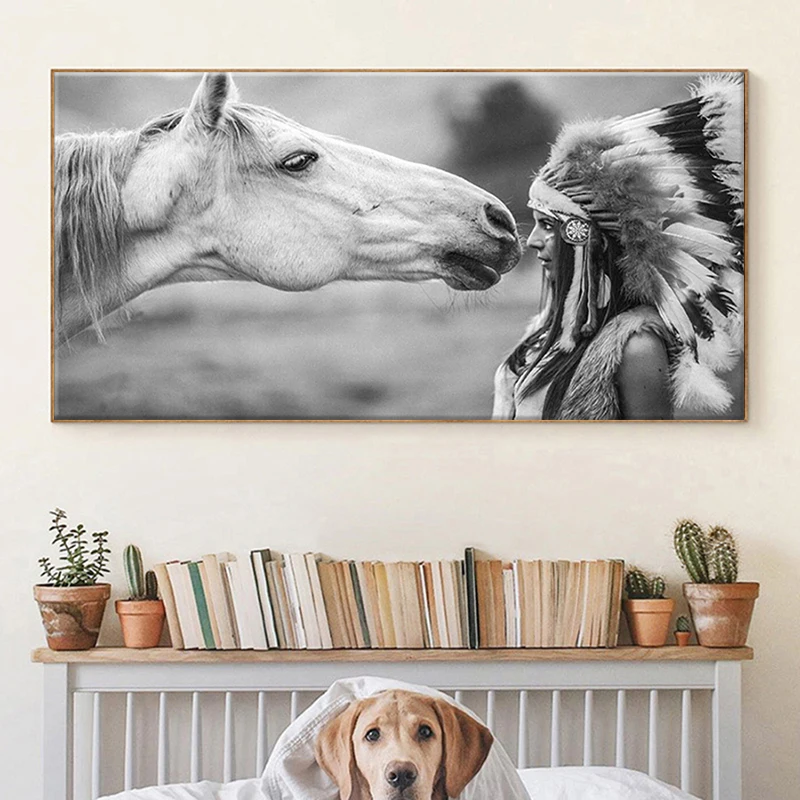 

Indian Woman and White Horse Canvas Art Painting Posters and Prints Wall Pictures Paintings Living Room Wall Restaurant Decor