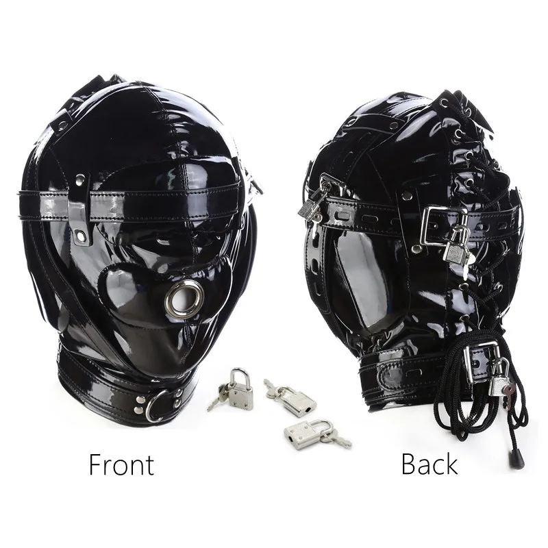 play Sexy Role Black Wetlook Sex Bondage Mask Hood with Lockable Plush Erotic Gloves H_voghion.com