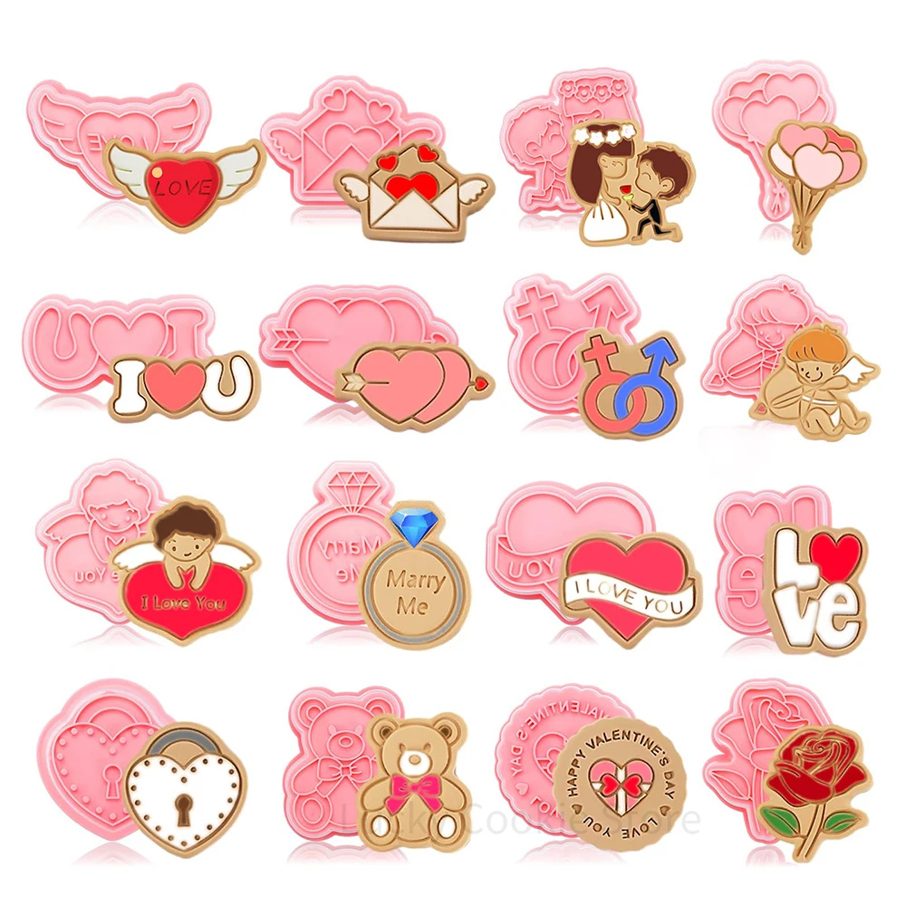 

16PCS Valentine's Day Cookie Cutters Set 3D Cookie Stampers I LOVE U Heart Shapes Cookie Molds DIY Cake Decorating Tools