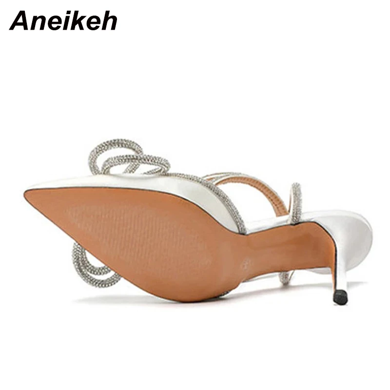 Aneikeh PVC Style Glitter Rhinestones Women Pumps Crystal Bowknot Satin Lady Silk High Heels Party Shoes 2025 Spring Size 35-42
