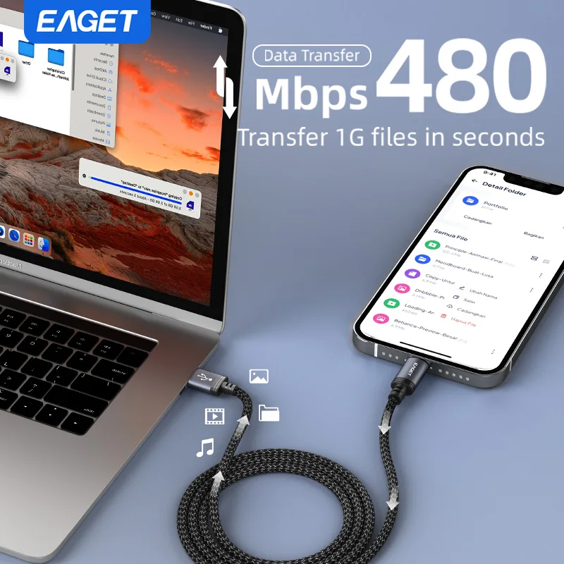 High-Speed USB to Lightning Charging Cable with Thick Copper Core and 480Mbps Data Transfer