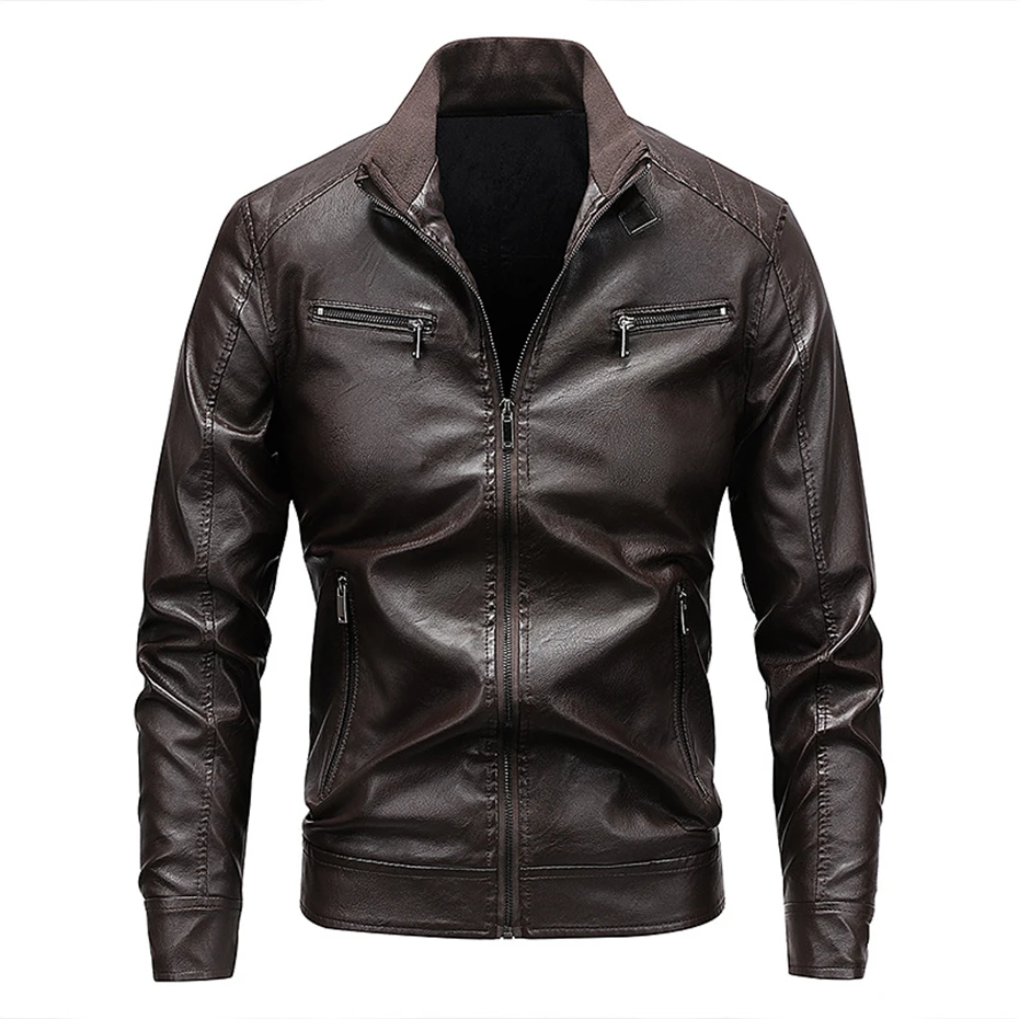 PU Jackets Men Fashion Casual Leather Coat Black Moto Biker Jacket Male Spring Autumn Thick Fleece PU Coat Slim Fit