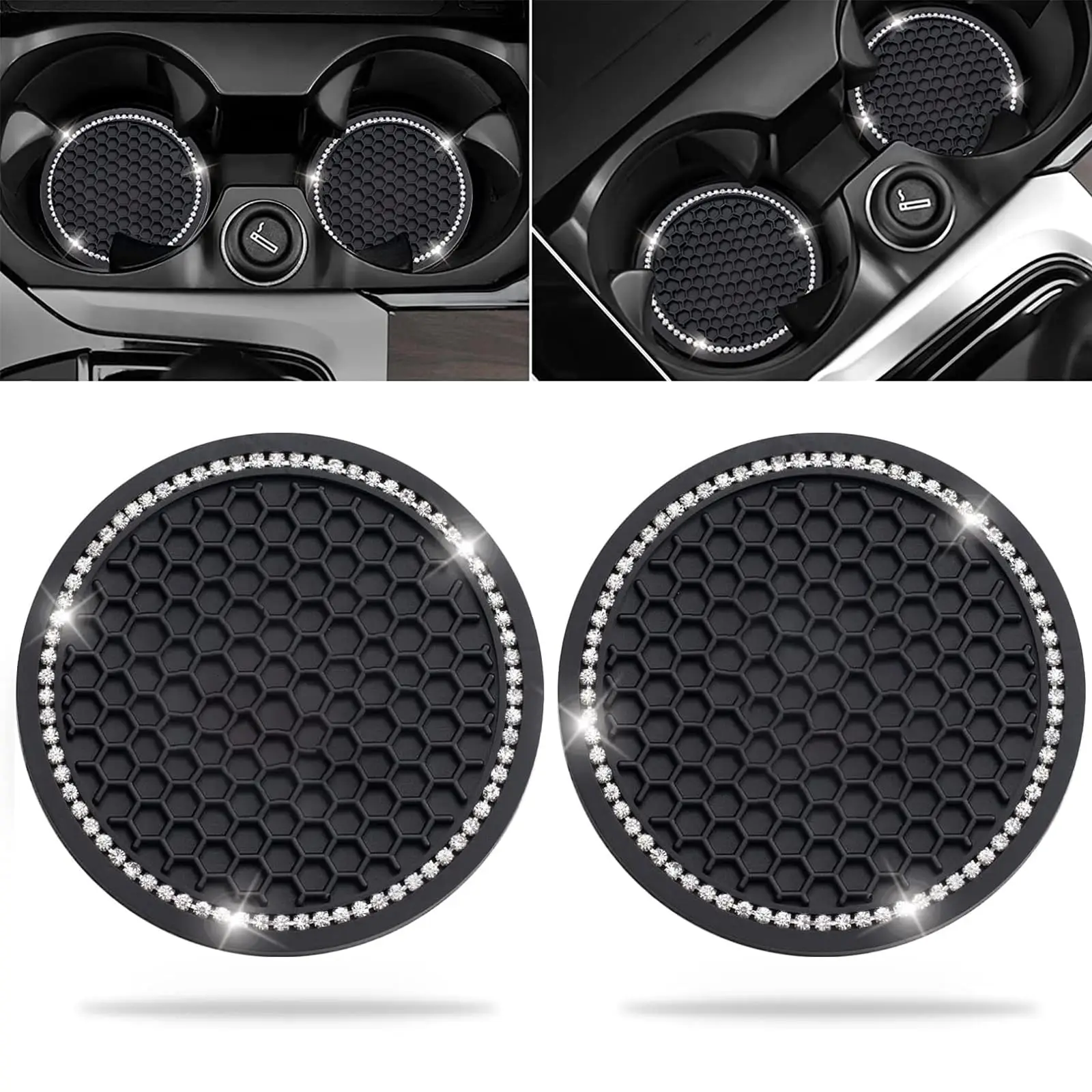 

2pcs Cute Bling Car Cup Holder Coaster Mat with Rhinestone for Women Girl Universal Anti Slip Automotive Interior Accessories