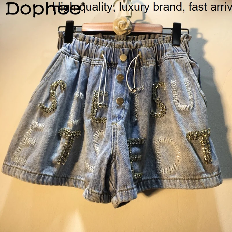 

Summer New 2023 Rhinestone Beaded Letters Denim Women High Waist Loose Slimming Wide-Leg Jean Shorts Female Short Pants