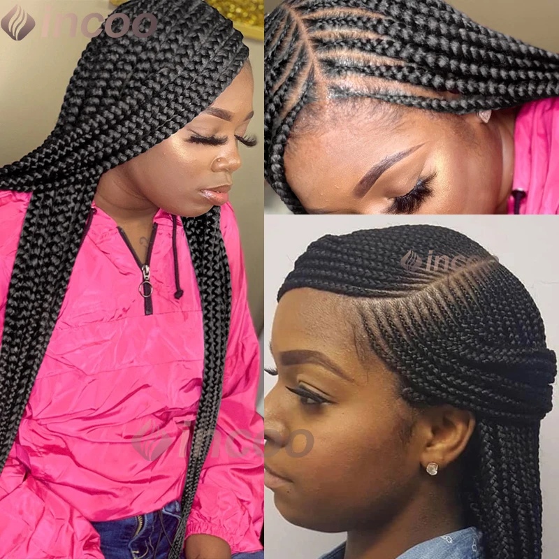 Incoo 360 Full Lace Frontal Synthetic Big Box Braided Wigs 36 Inch Preplucked Baby Hair Afro Knotless Braid Wigs Black Women