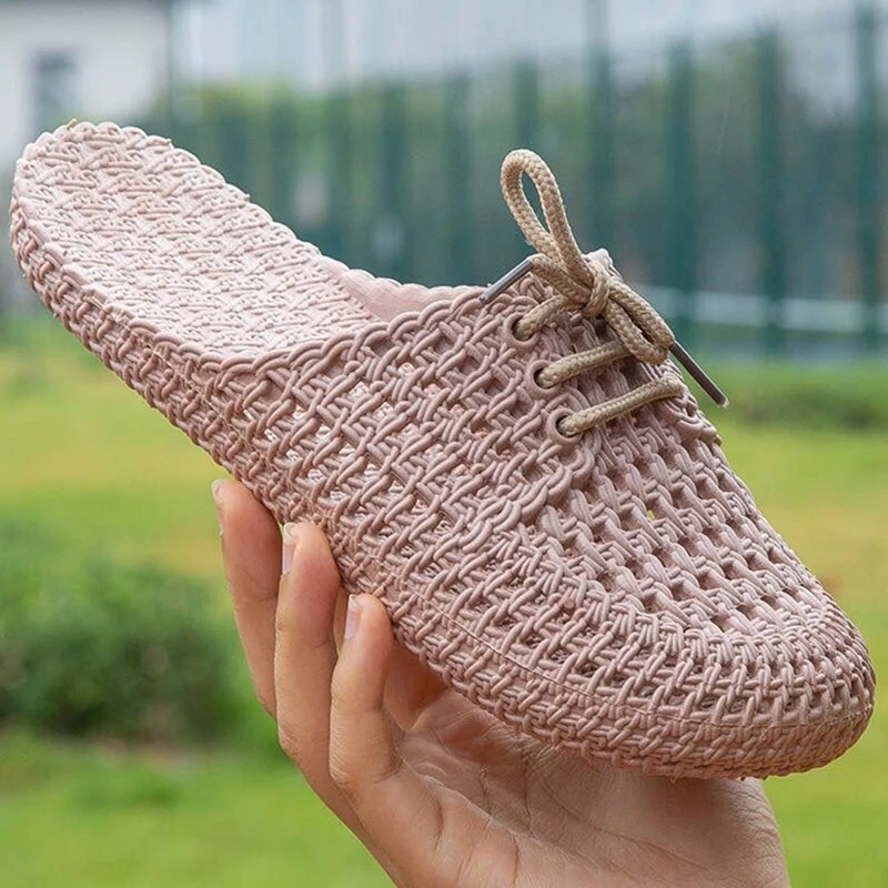 Women Sandals Summer Slide Korean Style Knitted Flat Slingback Outdoor Flip Flop Daily Walking