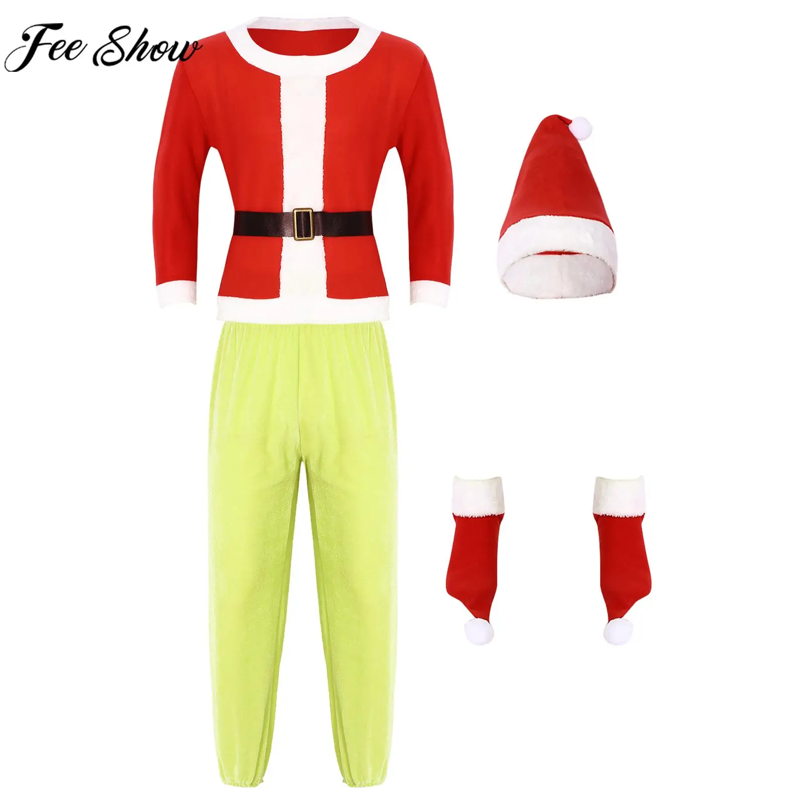 

Adults Christmas Santa Claus Cosplay Costume Xmas New Year Theme Party Masquerade Roleplay Show Outfit Hat Tops Pants Belt Set