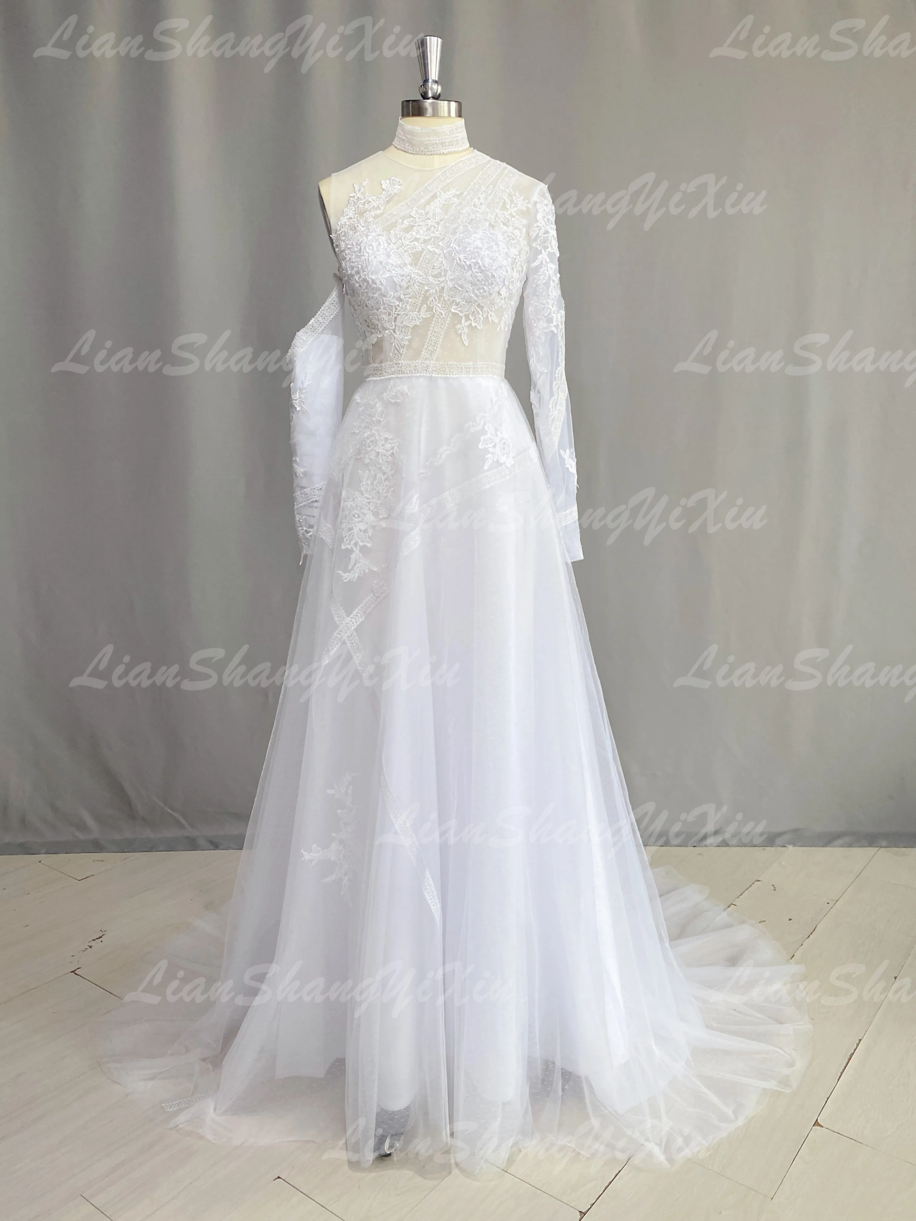 Customized Boho Long Sleeves Wedding Dresses 2025 White Dots Appliques Lace Bridal Gowns Tulle Beach Bohemian Party Floor Lenth 5