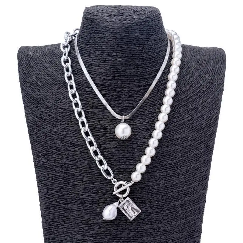 Vintage Baroque Pearl Square Pendant Necklace Alloy Pearl Splicing OT Buckle Stacked Necklace Women's Luxury Jewelry Necklaces