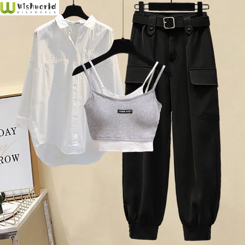 2022 Autumn New Loose Casual Shirt Personalized Bra Work Clothes Wide Leg Trousers Three Piece Elegant Women's Pants Set 2022 new style belt high quality steel buckle men s 3 8cm trousers top steel button head gushuai belt men s free postage