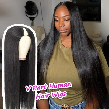 V Part Wigs Human Hair Straight Human Hair Wigs No Leave Out No Sew-In Glueless 220 Density Natural Black Beginner Friendly 1