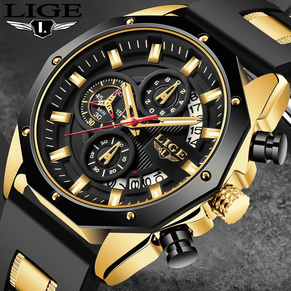 LIGE Quartz Watches for Men Fashion Silicone Sport Waterproof Military Watch Men Casual Business Date Chronograph Relojes Hombre