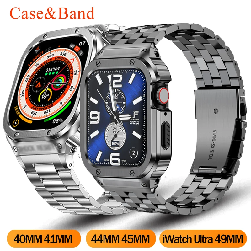 

Роскошный комплект мод для Apple Watch Band Ultra 49 мм из нержавеющей стали чехол iWatch Series 8 7 6 SE 5 45 мм 44 мм чехол-бампер резиновый ремешок