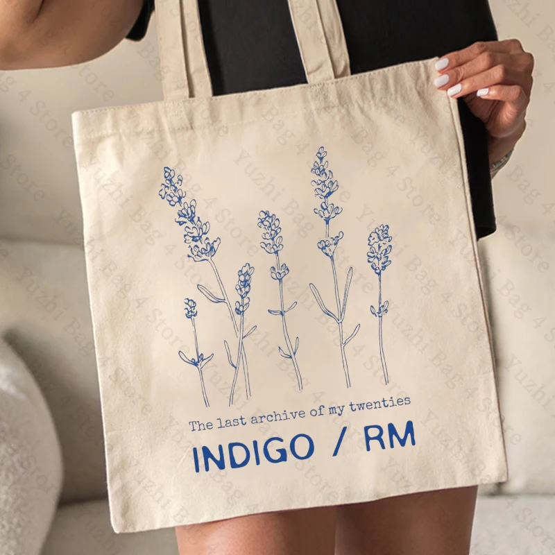 Indigo RM Pattern Tote Bag Fashion Music Album Canvas Shopping Bags Kpop Fan Gift Shoulder Bags Kim Namjoon Bags Kpop Flower Bag