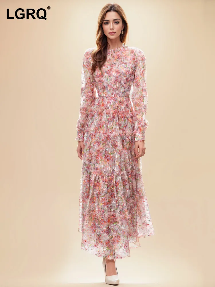 

LGRQ Printing Mesh Design Dresses For Women Stand Collar Long Sleeve High Waist Casual Elegant Dress Female Spring 2024 3WQ9961