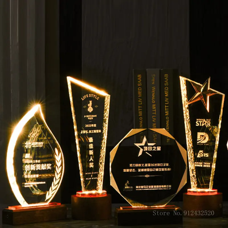 Creative Customized Carving Crystal Trophy, Luminous Wooden Base, Company Annual Meeting Award Plate, Home Decor Souvenir