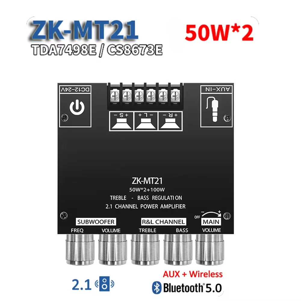 Audio amplifier ZK-MT21 digital power amplifier board 2x50W+100W 2.1 channel subwoofer AUX 12V 24V Bluetooth 5.0 bass