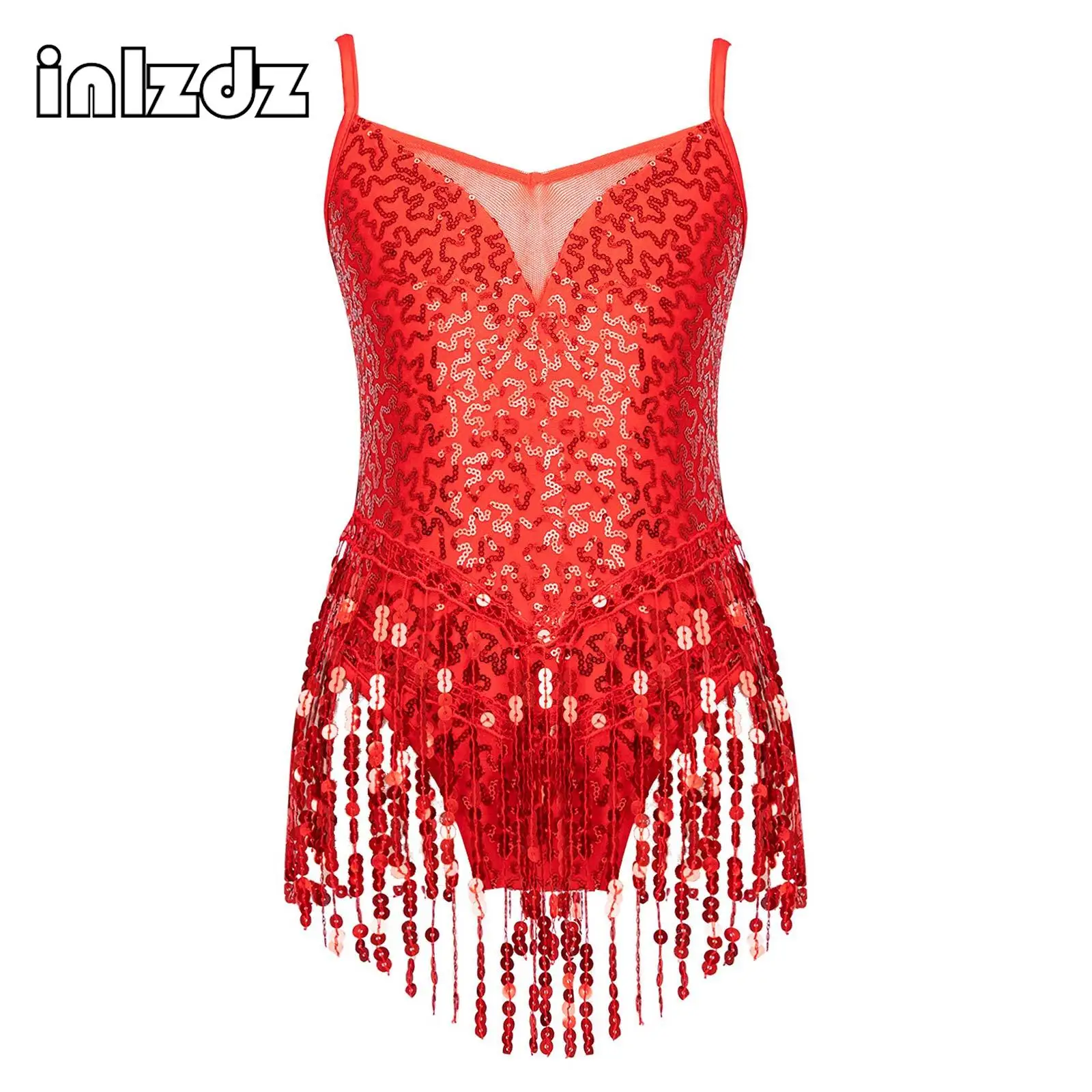 

Kids Girls Sparkly Sequins Tassel Bodysuit Latin Jazz Dance Leotard Dress Fringed One-piece Jumpsuits Stage Performance Costume