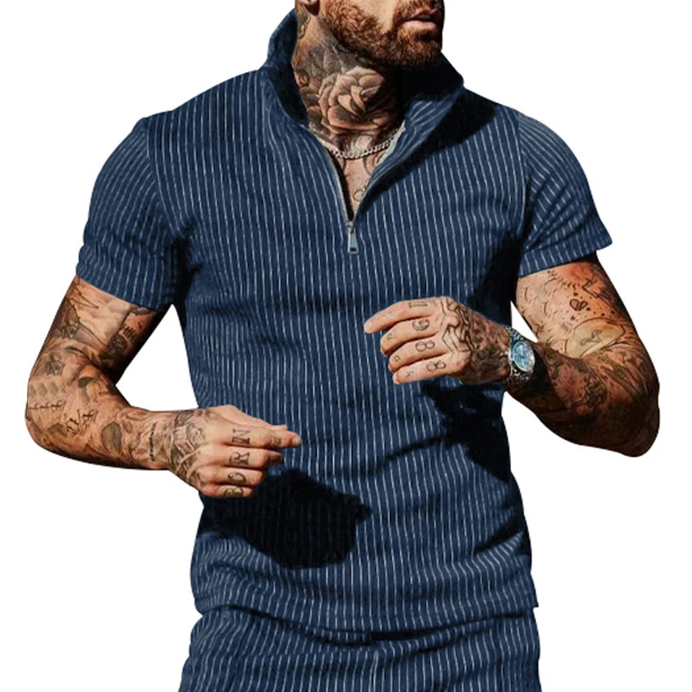 

Shirt Men Tops Stripe Summer T-Shirt Tee V Neck Workout Blouse Breathable Business Casual Collared Daily Fashion