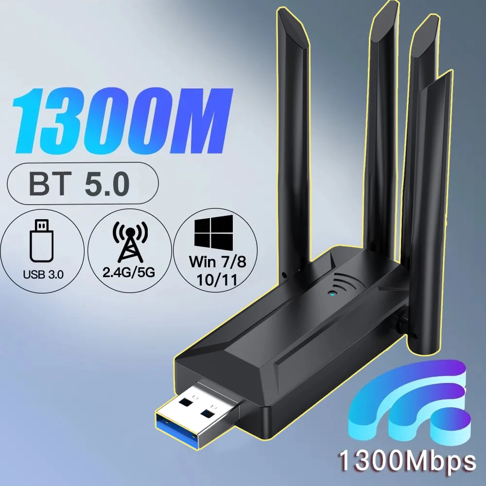 Adattatore WiFi USB 3.0 Dual Band - 1300Mbps, 2.4G/5G | Con Antenne 5dBi Per PC Windows