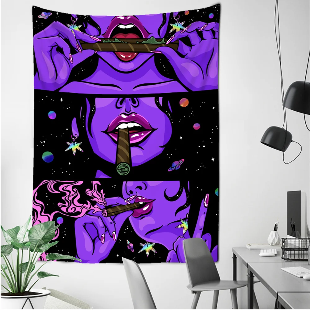 Tapestry Wall Hanging Decor Psychedelic Smoke Girl Art Mandala Yoga Picnic Mat
