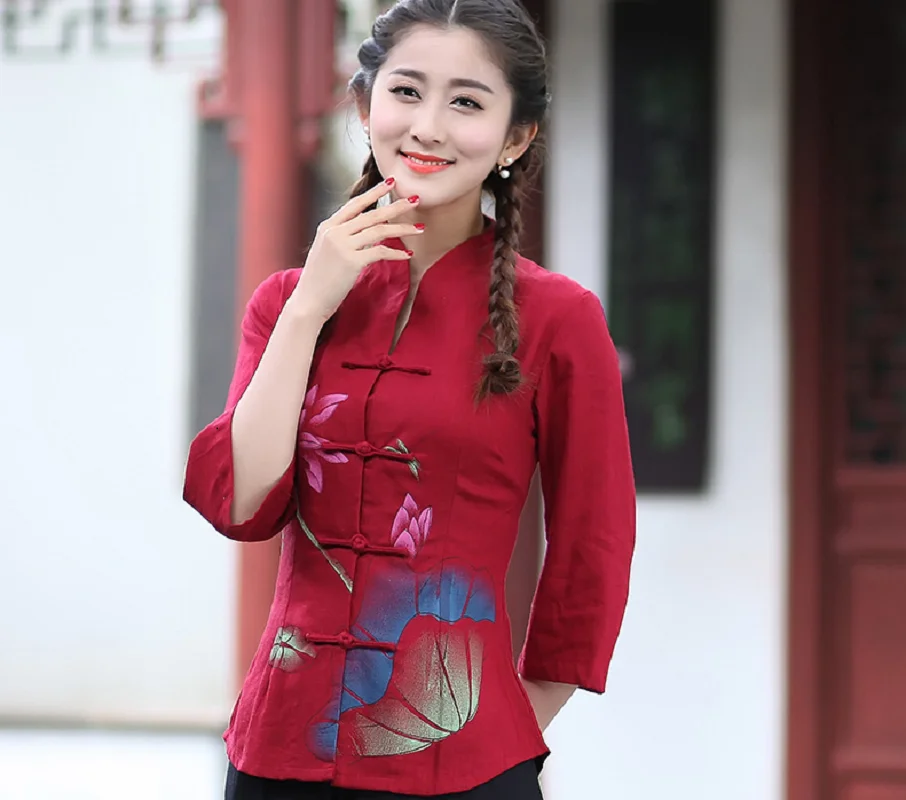 Hot Sale New Women Chinese Style High Quality Cotton Linen Tang Suit Jacket Fashion Printing Tops Coat Ladies Casual Jackets