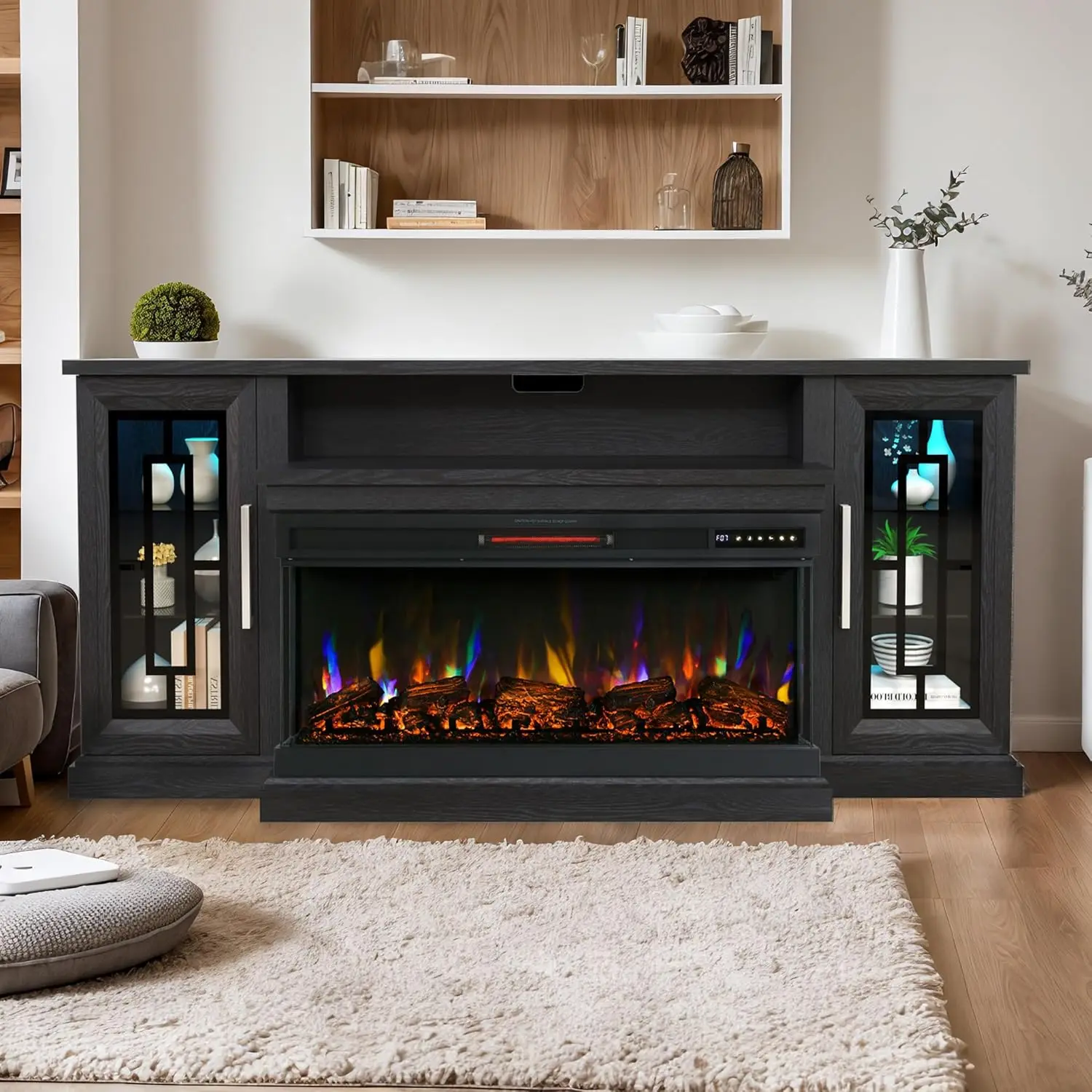75-inch Electric FireplaceTV Stand 3-side Glass LED Modern Media Entertainment Center Console Adjustable Flame 40-inch Fireplace 2