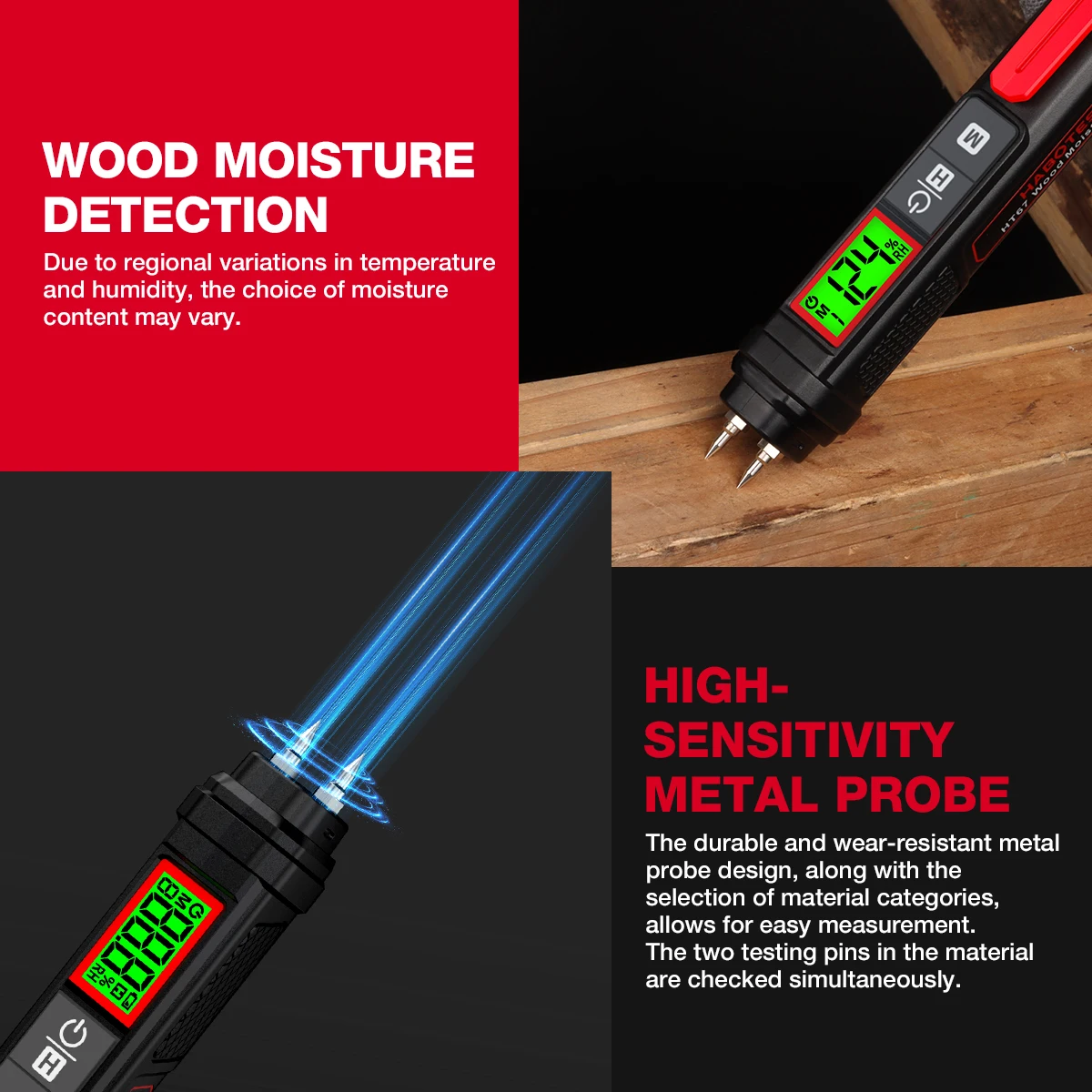 HABOTEST HT67 Pen-Type Digital Wood Moisture Meter LCD Display 0-58% Timber Damp Detector Concrete Cement Brick