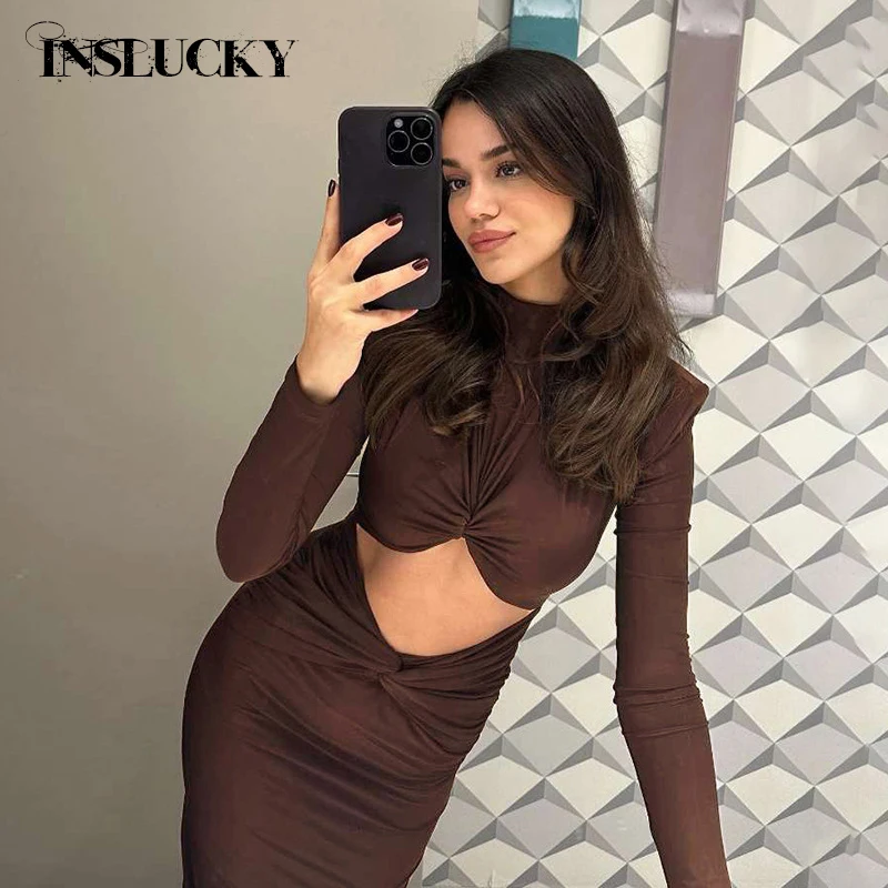 

InsLucky Elegant Sexy Hollow Out Midi Dress Women Stand Neck Long Sleeve Slim Bodycon Office Lady Dress Autumn Elegant Partywear