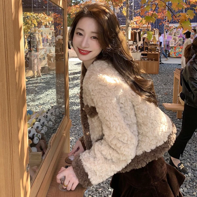 Autumn Winter New Women Coat Imitation Lamb Wool Short Jacket Female Loose Temperament Outcoat Fashion Patchwork Warm Outwear