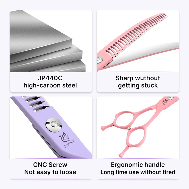 Fenice Professional 6.5/7.0/7.5 inch JP440C Steel Colorful Pink/Purple Curved Chunker Scissors Shears for Pet Grooming Tools dog grooming scissors
