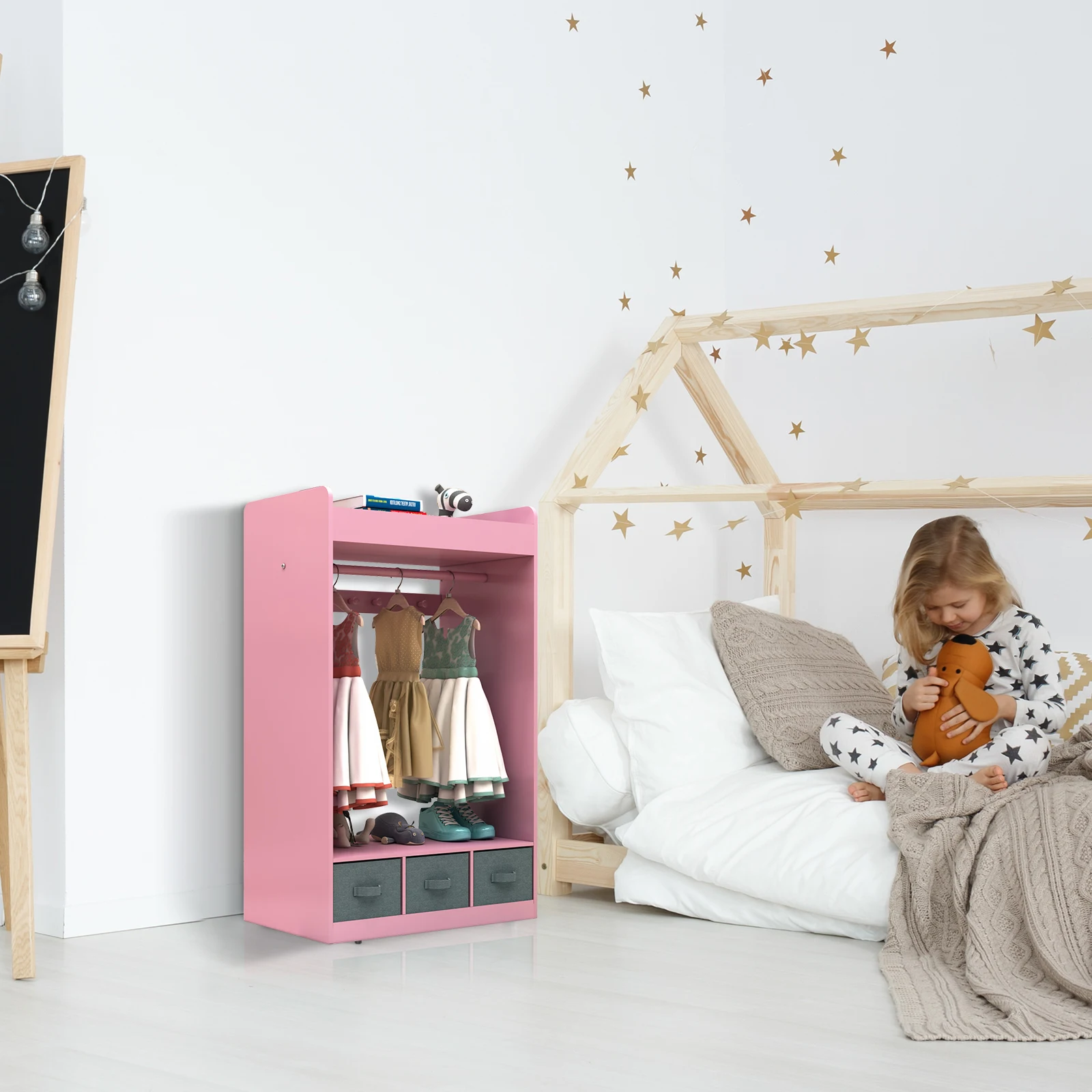 Kids Costume Organizer、 Costume Rack、Kids Armoire、Open Hanging Armoire Closet with Mirror-PINK 5