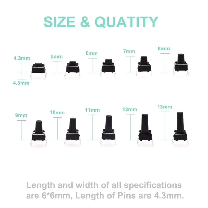 Tact Switch Push Button 50pcs 6X6X5/4.3/5.5/6/7/8/9/10/13MM 12V 4PIN DIP