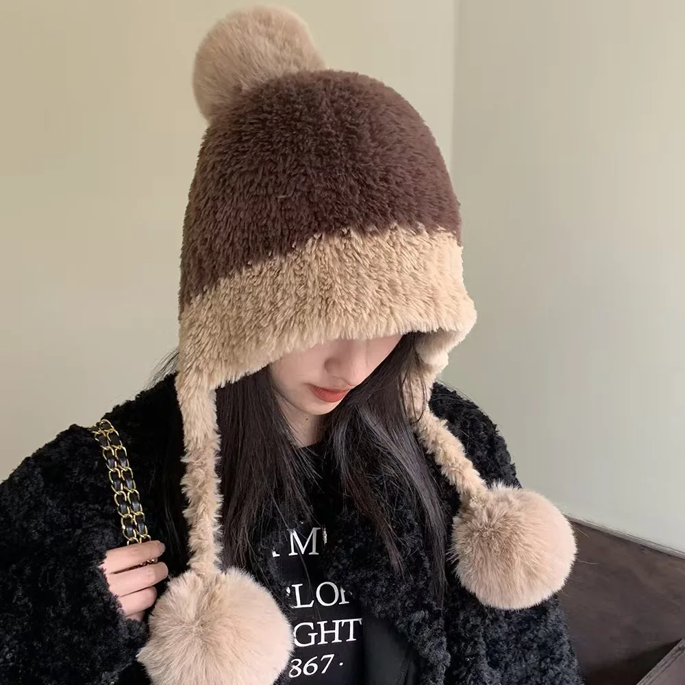 Fluffy Plush Women Beanie Cap Winter Warm Big Pompom Knitted Ear Protection Hat Windproof Snow Ski Female Earmuffs Caps 5