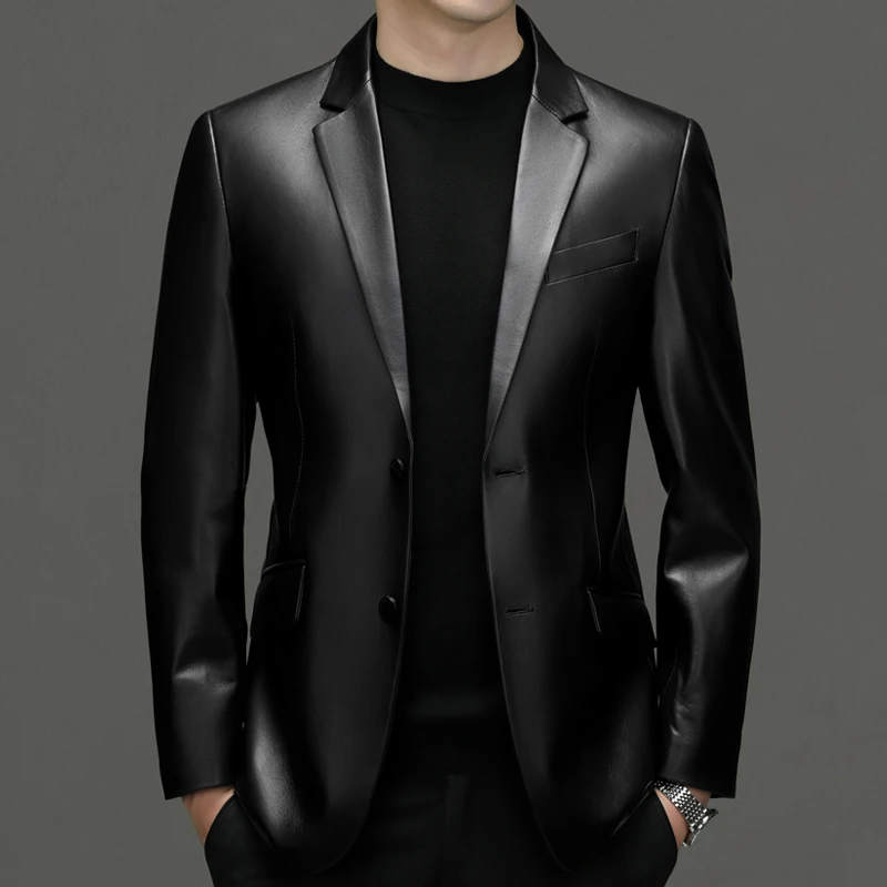 

2024 Autumn and Winter New Men's Business Slimming Trend Italian Style Fashion Solid Color Leisure Leather Cotton Sheepskin Coat
