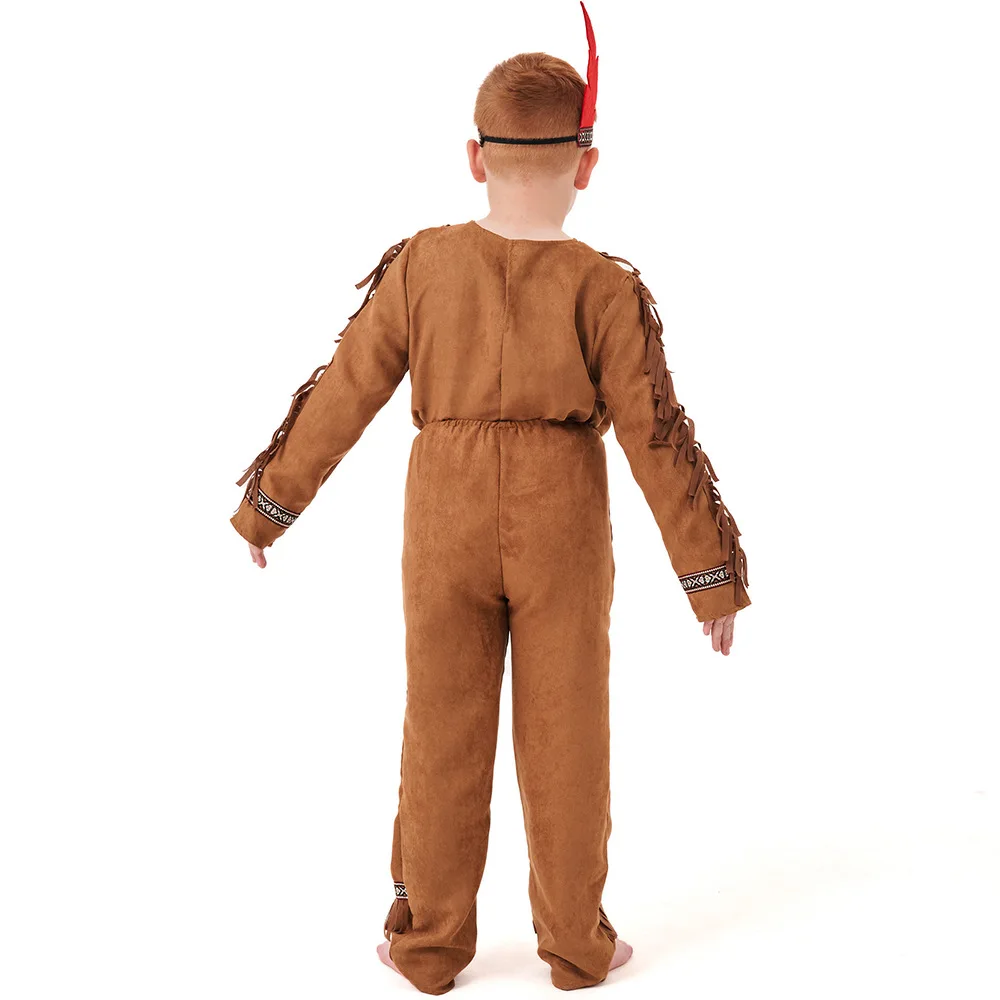 Kids Cosplay Costume Kids Halloween Native Costume Boys Brown Color American Indian Tribal Warrior Outfits