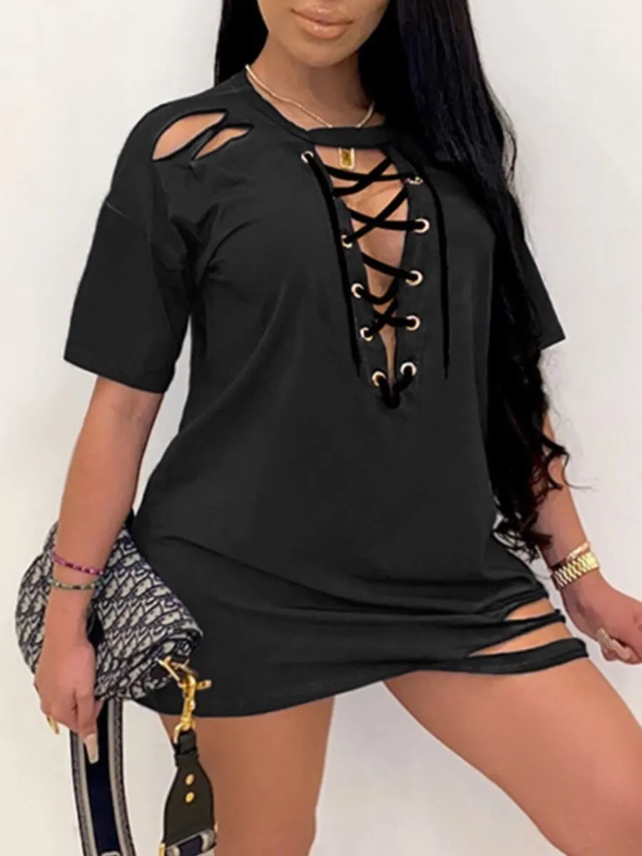 

LW Plus Size Sexy Ripped Bandage Design Dress Casual Short Sleeve V Neck Solid Color Tee Cleavage Female Vestidos
