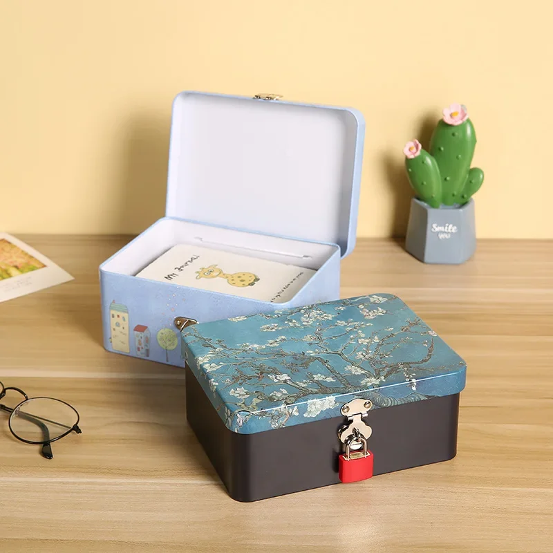 Vintage Tinplate Lockable Storage Box Desktop Storage Cosmetics Sundry Household Jewelry