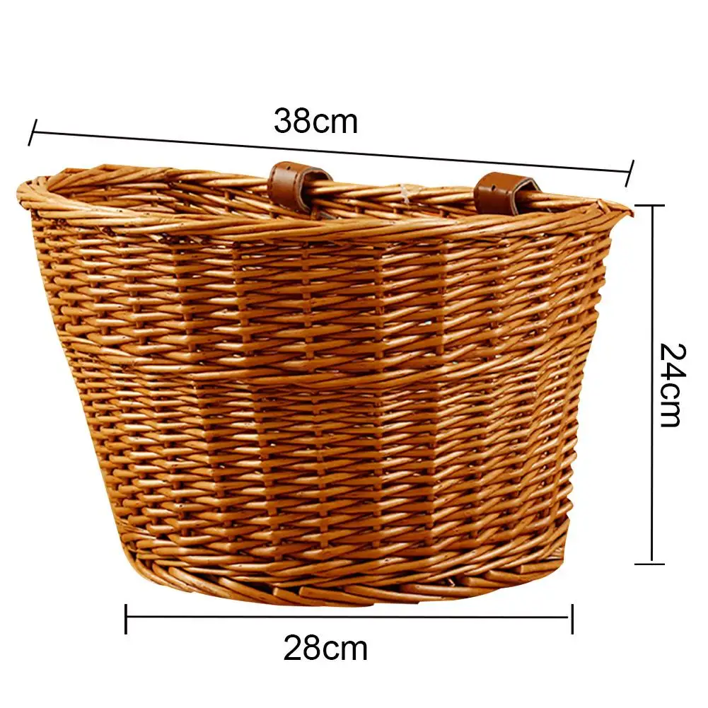 Vintage Bike Basket Large Capacity Wicker Hand Woven Front Bike Basket with Faux Leather Belt Multipurpose Home Storage Basket