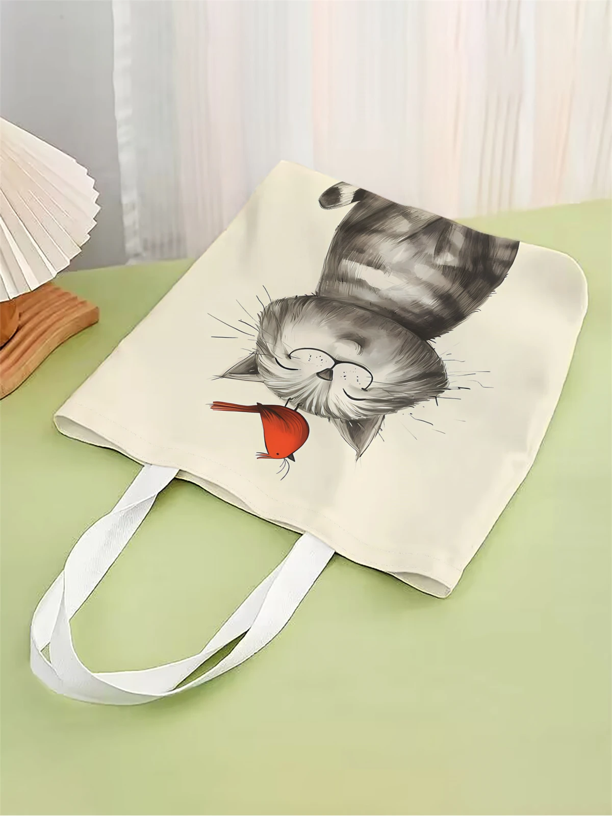 1pc, lazy style cat handbag, reusable fashionable handbag, multifunctional handbag, printed canvas shopping bag