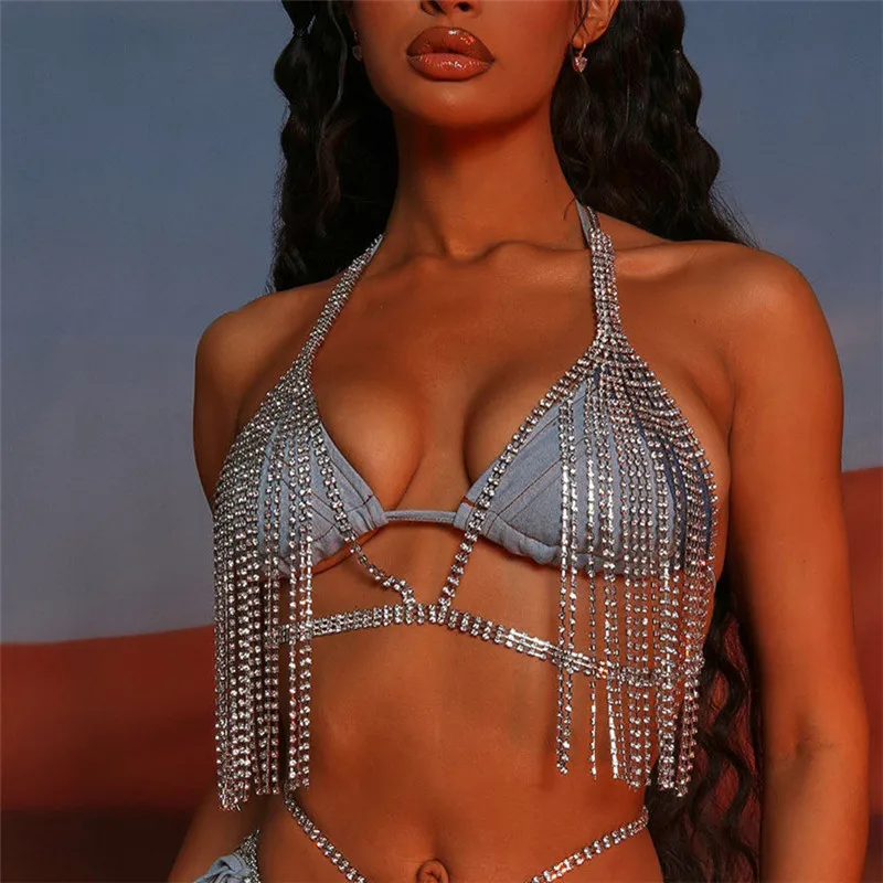 Sexy Body Jewelry Crystal Tassels Luxurious Bra Chain Fashion Nightclub  party Chest Chain Bikini Chest Wrapping Chain Body Chain