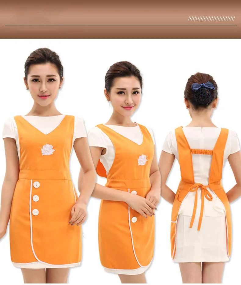 Japan Korea benutzer definierte Uniform Küchen schürze Nagel Schönheits salon Coffeeshop Begleiter Arbeits zubehör Frau Baumwolle V-Ausschnitt Schürze – Detail 3