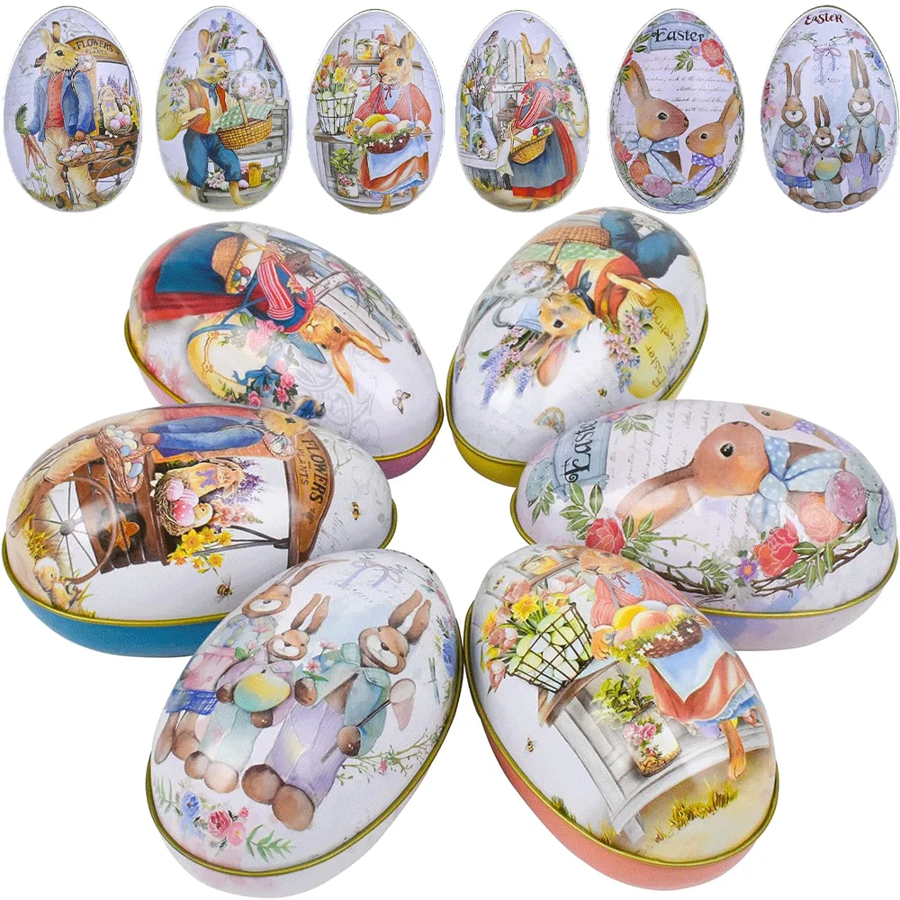3/6 Stück Ostereierform Weißblech Geschenkbox Vintage Kaninchen Hase Bedruckter Metall Süßigkeiten Kekse Behälter für Ostern Party Geschenkbevorzugung – Detail 2