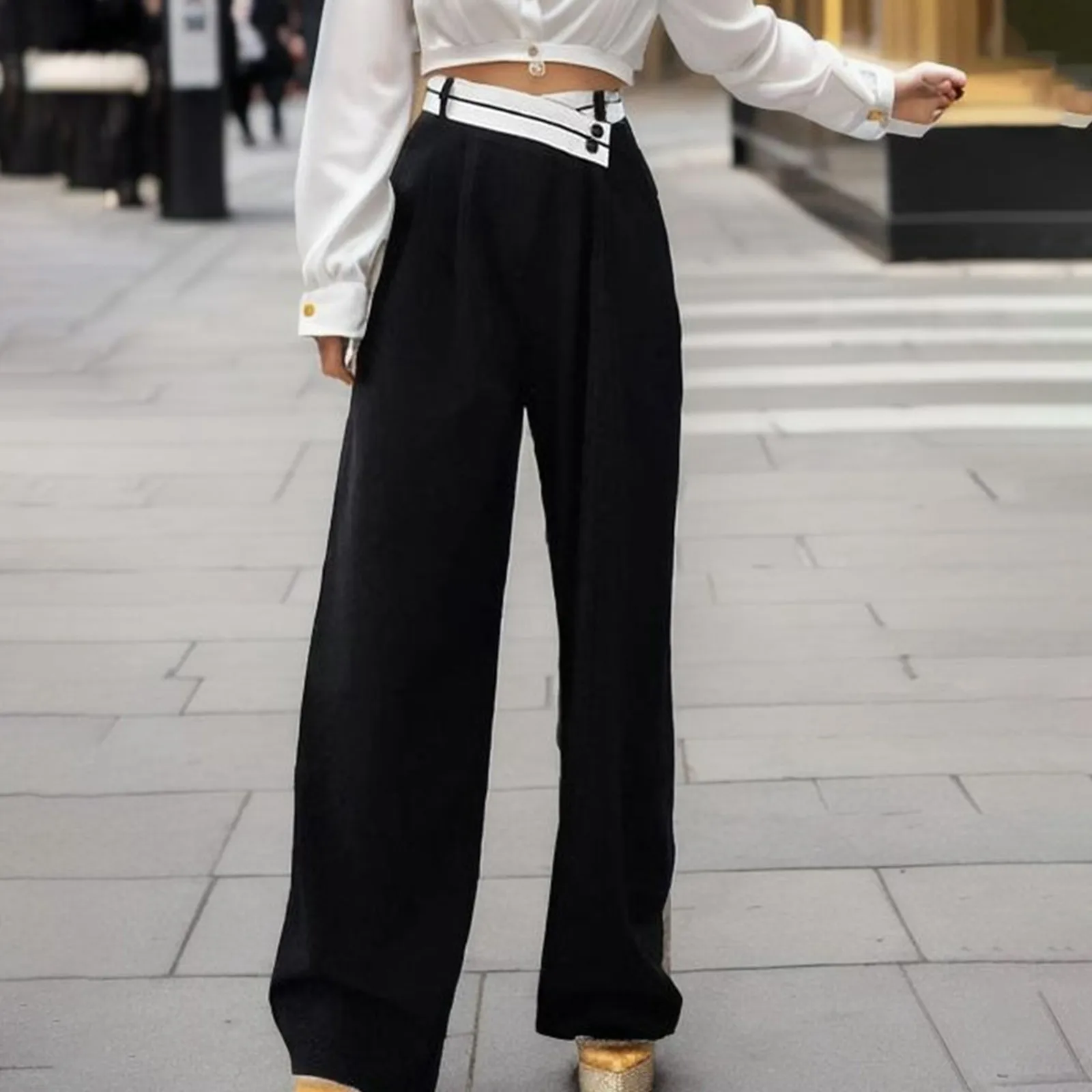 

2023 Women Fashion Side Pockets Patchwork Straight Pants Vintage High Waist Zipper Fly Female Casual Trousers Mujer