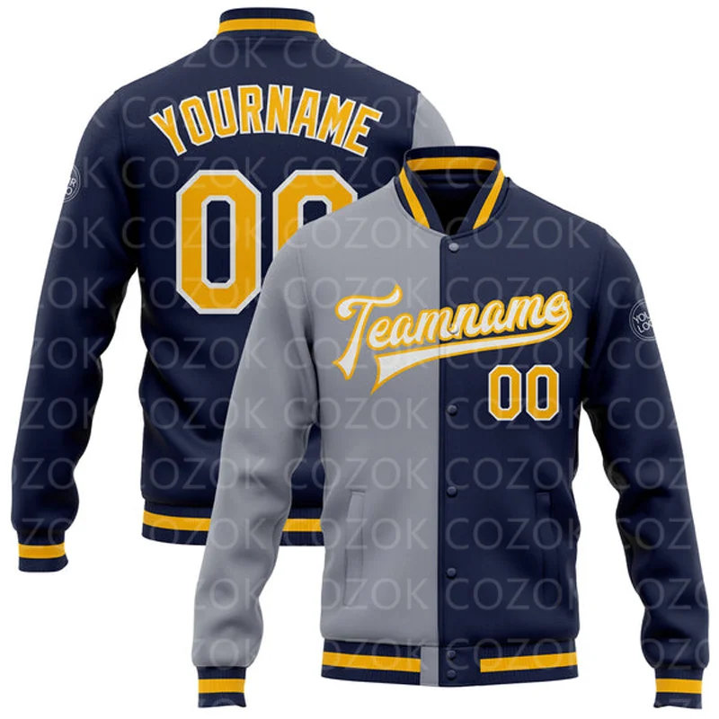 Custom Gray Mix 3D Printed Baseball Button Jacket Bomber Full-Snap Varsity Letterman Jacket
