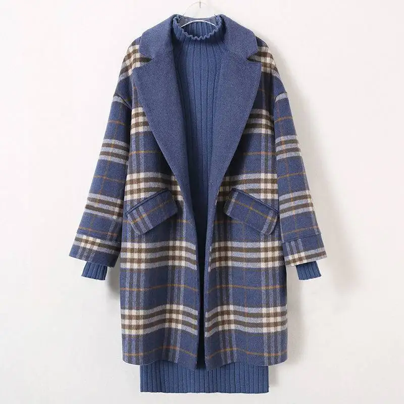 Autumn set women's knitwear dress plaid jacket  coats for women jacket  wool coat  long coat   tweed jacket