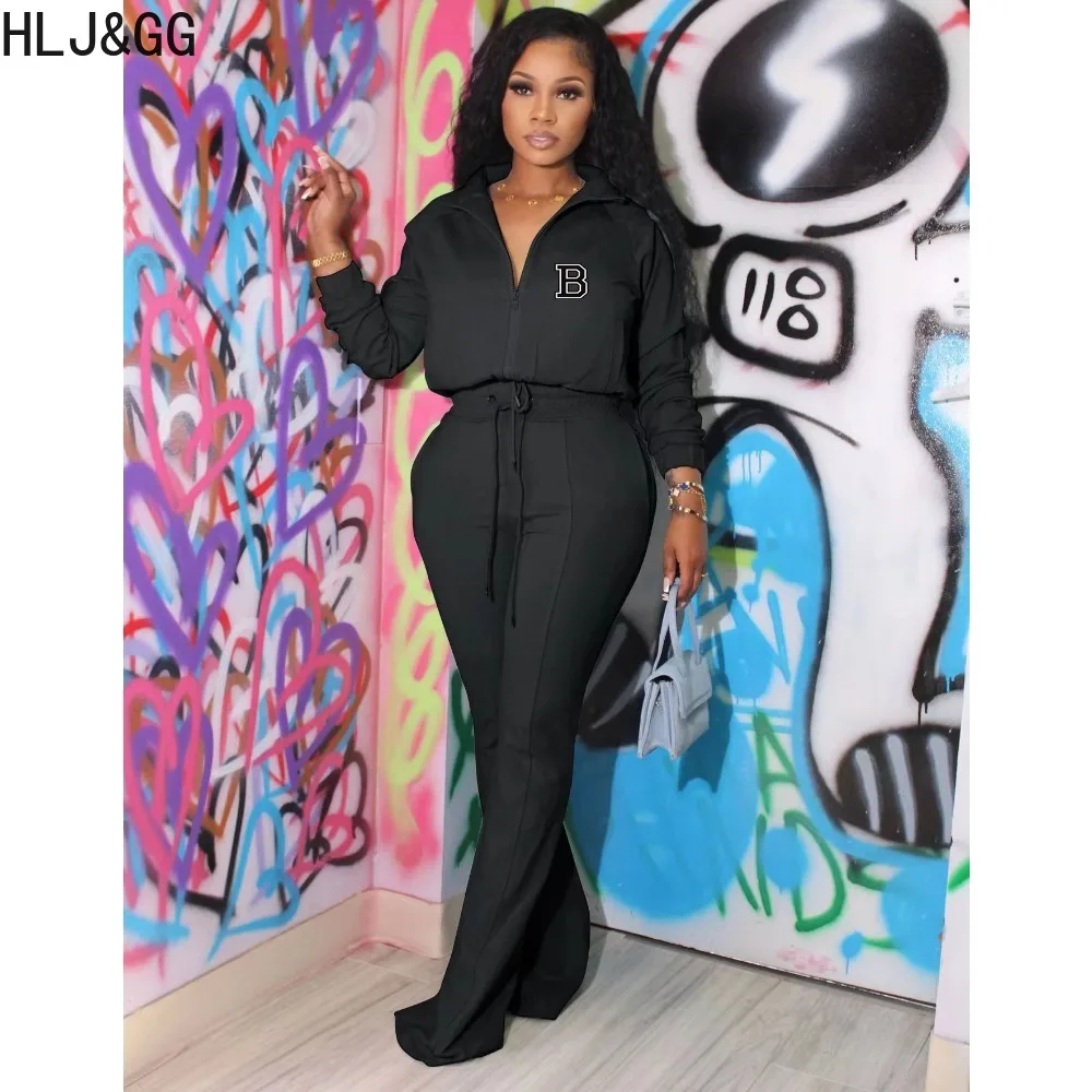 HLJ&GG Autumn Letter Printing Tracksuits Women Zipper Long Sleeve Top And Skinny Pants Two Piece Sets Female Sporty 2pcs Outfits